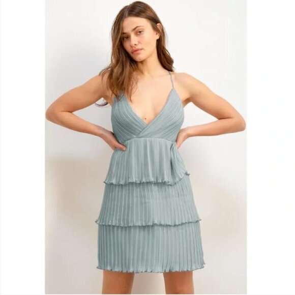 Lulus Dress Cheers and Tiers Dusty Blue Pleated Tiered Mini NWT XL - Picture 3 of 8